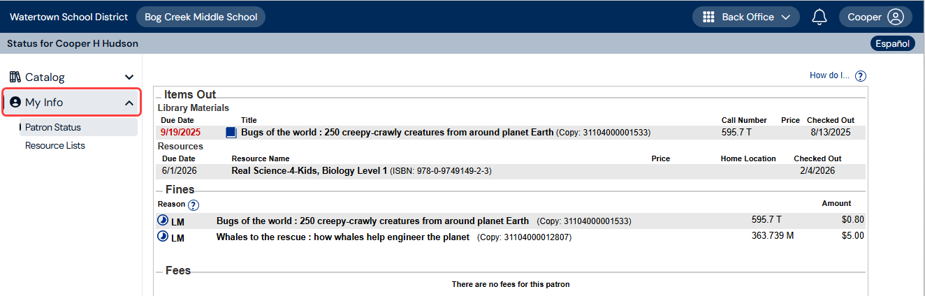 Patron Status page with My Info menu item highlighted.