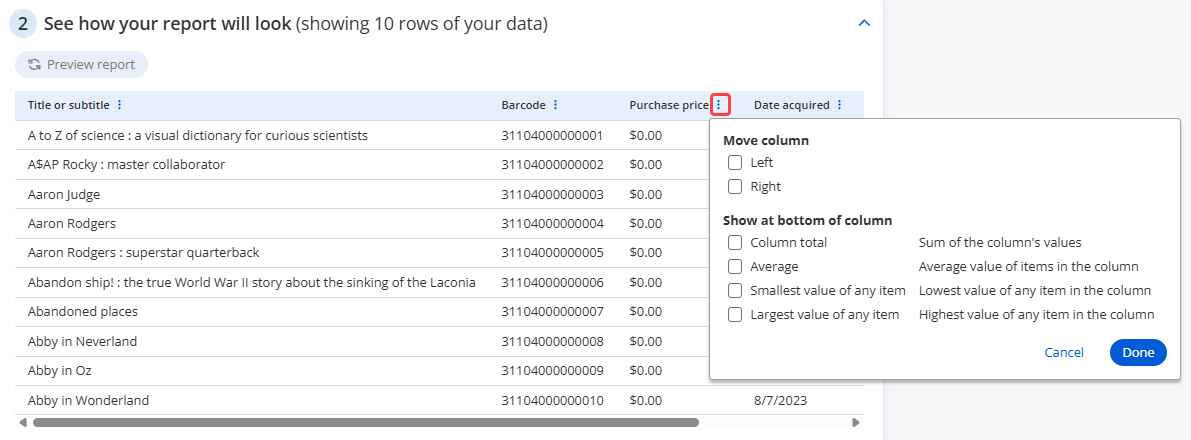 Report Builder 2.0 preview with column options displayed.