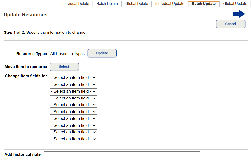 Batch Update Tab (Step 1 of 2) (Resource Manager)